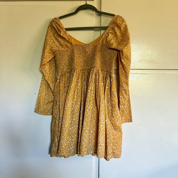 American Eagle Yellow Floral Ruched Long Sleeve Mini‎ Dress Size Small Milkmaid - Picture 10 of 16